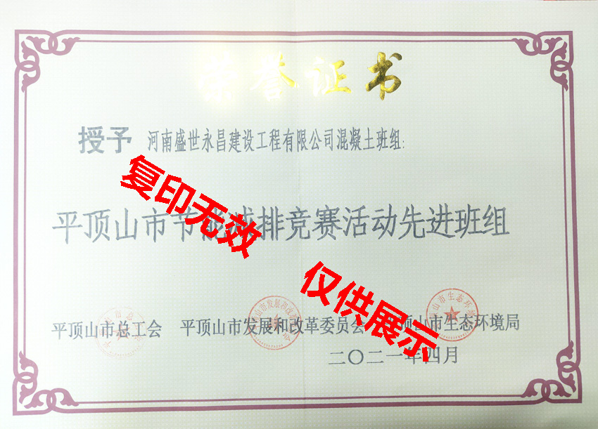 2021年平頂山市節(jié)能減排先進班組榮譽證書